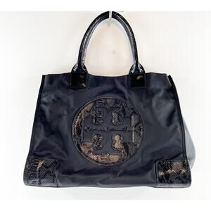 Tory Burch Ella Nylon Snake Embossed Logo Large Tote Bag Purse Black